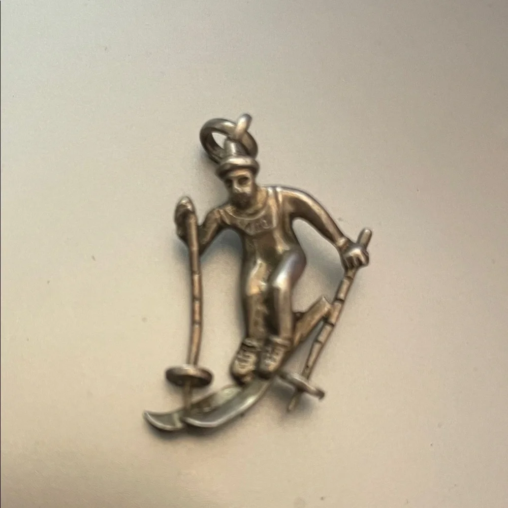 Sterling Silver Skier Pendant Charm - Silver